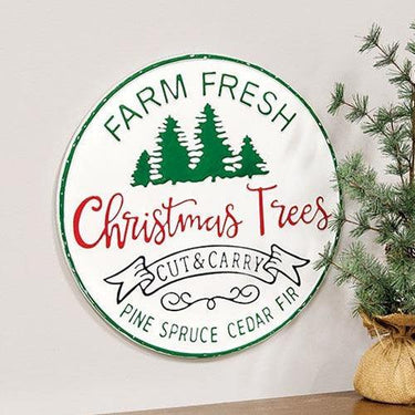 Farm Fresh Christmas Trees Distressed Round Metal Sign - The Fox Decor